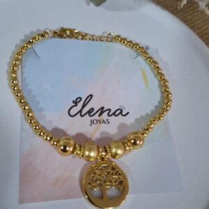 PULSERA ACERO DORADO CON BOLITAS Y DIJE ARBOL DE LA VIDA