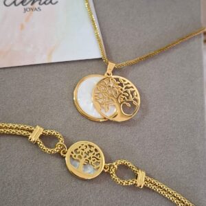 SET PULCERA + CADENA FLORES ARBOL DE LA VIDA ACERO DORADO